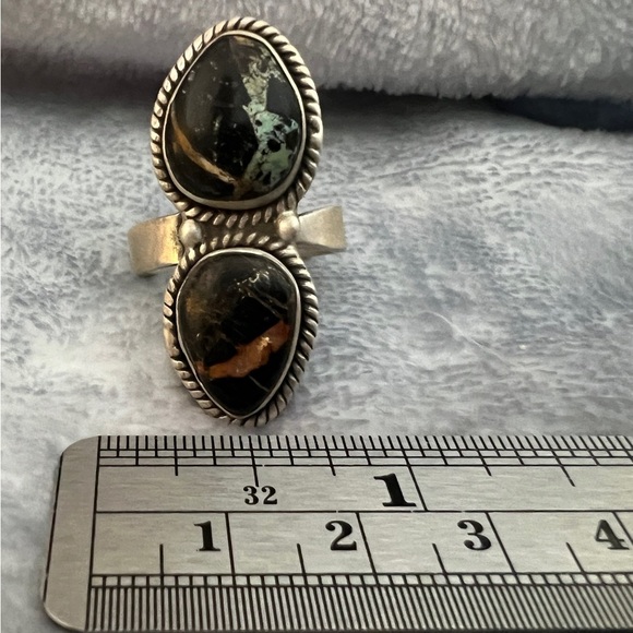❤️ Rare Black Jack Turquoise 2 Stone 926 Adj Size 8.25 Navajo Ring 9.5gm Unisex - Picture 9 of 11